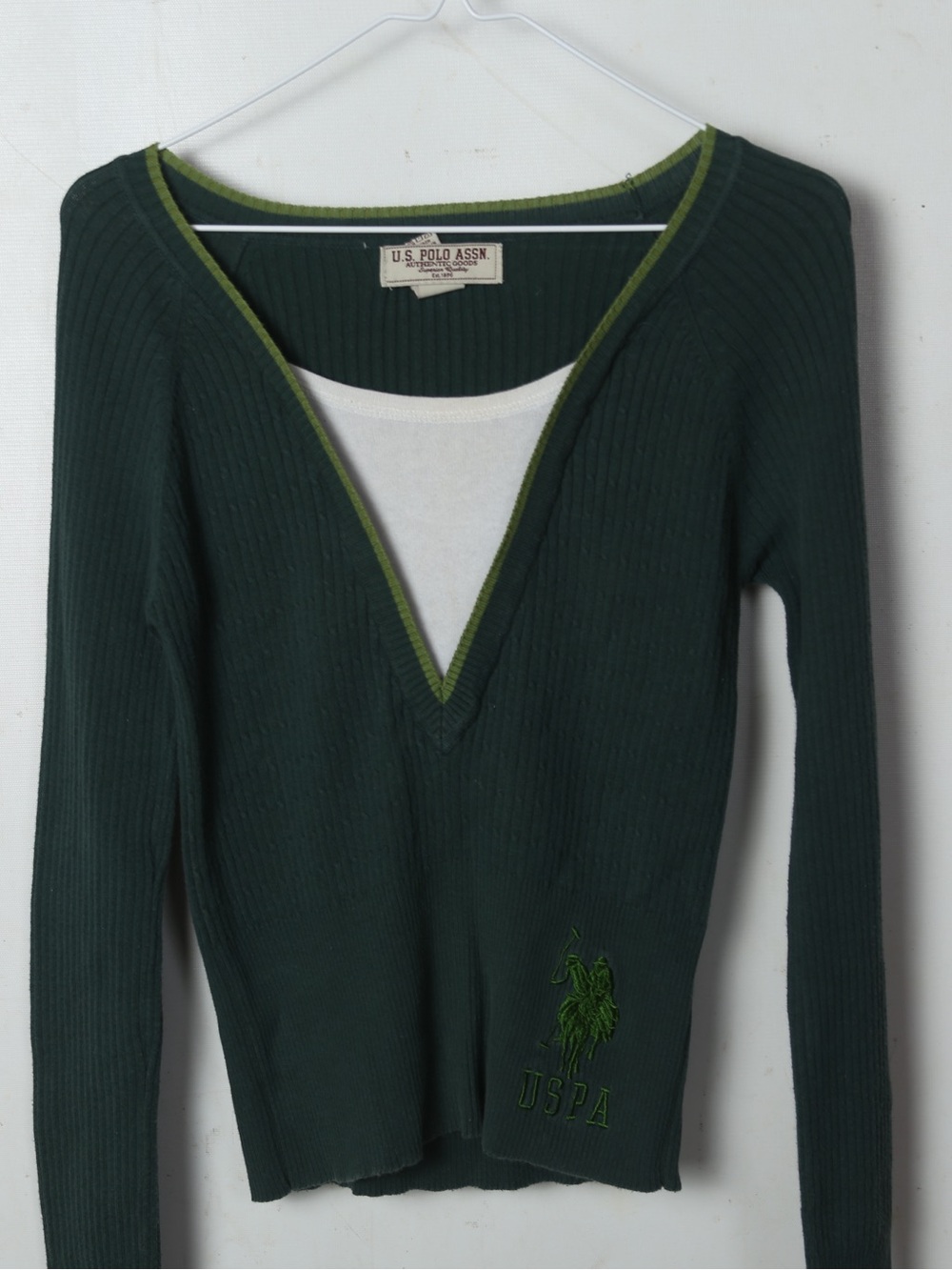 U.S. Polo Assn. Dark Green V-Neck Sweater with Lime Trim